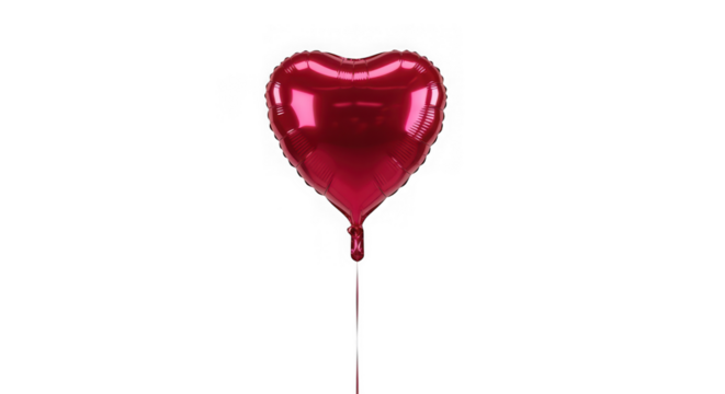 Single red heartshaped foil balloon on a string, isolated on transparent background