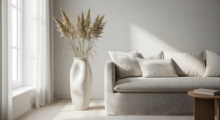 Serene Living Room corner showcasing a textured sofa with plush cushions and a minimalist floor vase filled with dried Pampas Grass near a sunlit window.