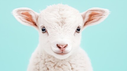 Fototapeta premium Cute White Lamb with Soft Wool Against Light Blue Background