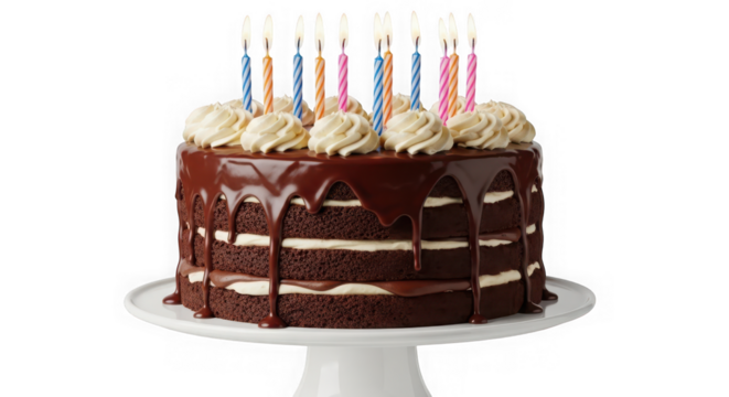 Rich chocolate layer cake with cream frosting and lit birthday candles, isolated on transparent background - Powered by Adobe