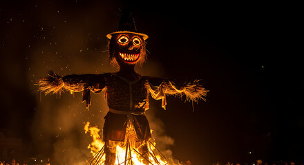 Scary scarecrow burning in flames at night with a smiling face.