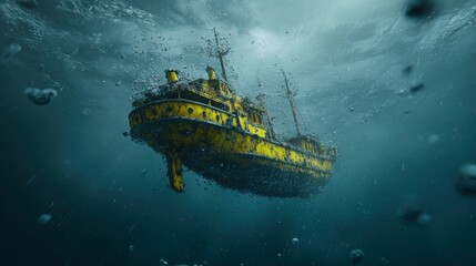 Sunken yellow ship underwater scene