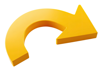 3D rendered, curved, yellow arrow pointing backward