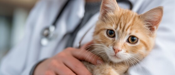 A close - up of an orange kitten held by a person in a white coat with a stethoscope, suggesting a veterinary scenario.