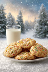 festive plate filled with freshly baked cookies and tall glass of milk sits against serene winter forest backdrop