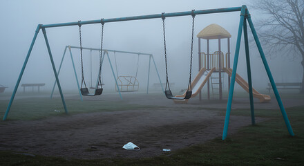 Deserted playground swings and slide shrouded in thick, eerie fog, highlighting isolation and abandoned play