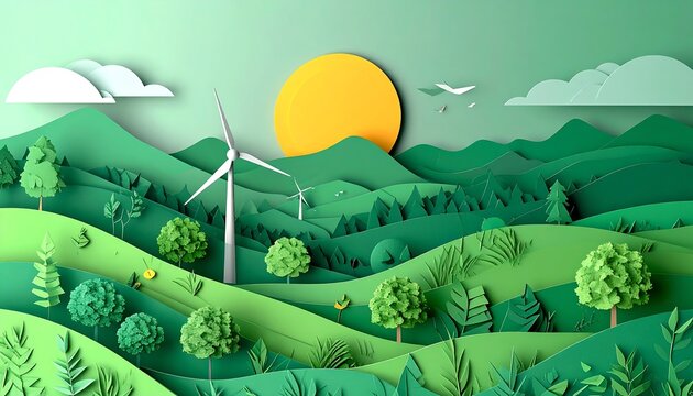 Green landscape scene with paper cut style - Powered by Adobe