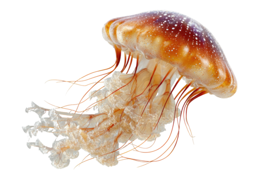 A luminous,  brownish-orange jellyfish,  with  translucent bell and  long,  reddish tentacles, isolated against black