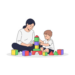 A woman and a young child sitting on the floor, playing together with colorful building blocks, constructing a tower.