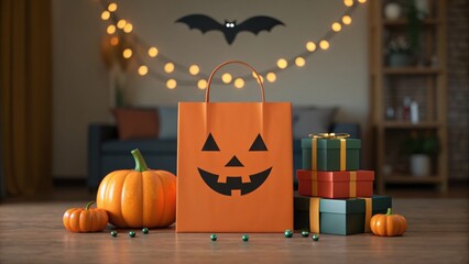 Online halloween shopping. A festive Halloween scene featuring a pumpkin, gift boxes, and a decorative bag with a smiling jack-o'-lantern face.
