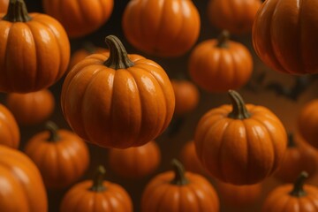 Obraz premium Online halloween shopping. Floating orange pumpkins create a festive autumn atmosphere.