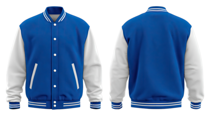 Front and back view of a royal blue varsity jacket with white accents