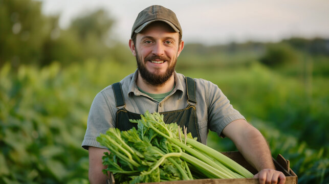 Agricultor feliz segurando uma caixa de aipo fresco