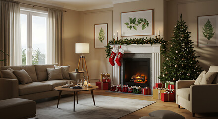 Cozy Christmas Living Room with Fireplace and Decorated Tree.