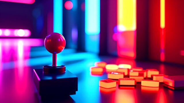 A vibrant arcade scene featuring a retro joystick and illuminated buttons, creating a nostalgic atmosphere with colorful neon lights. - Powered by Adobe