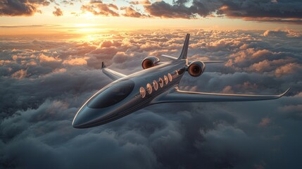 Fototapeta premium Private jet flying above clouds at sunset. (1)