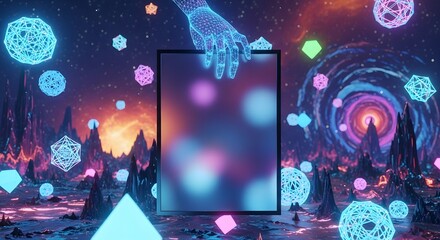 Surreal Digital Landscape with Geometric Shapes and Glowing Orbs