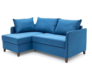 Naklejka premium A modern, stylish, teal blue sectional sofa, featuring plush seating and clean lines, sits against a bright white background.