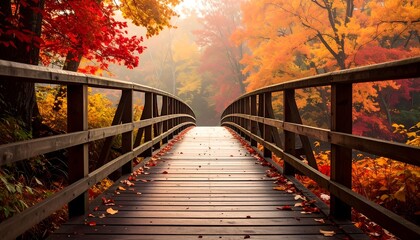 Wooden bridge path over vibrant autumn trees with colored foliage