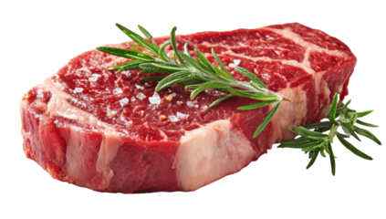 Raw steak, seasoned with salt and rosemary