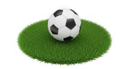 Soccer ball on a small patch of green grass isolated on transparent background