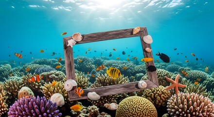 Vibrant Coral Reef Ecosystem With Schools Of Tropical Fish Swimming Around An Empty Textured Frame Underwater With Sun Rays