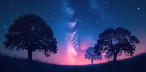 Fototapeta premium Silhouetted trees against a star-filled night sky, ethereal glow emanating from below Perfect for meditation, spirituality, peace, and nature themes , landscape, night sky, forest