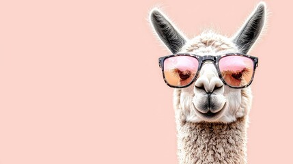 Fototapeta premium Happy Alpaca Wearing Sunglasses on Pink Background in Fun Pose