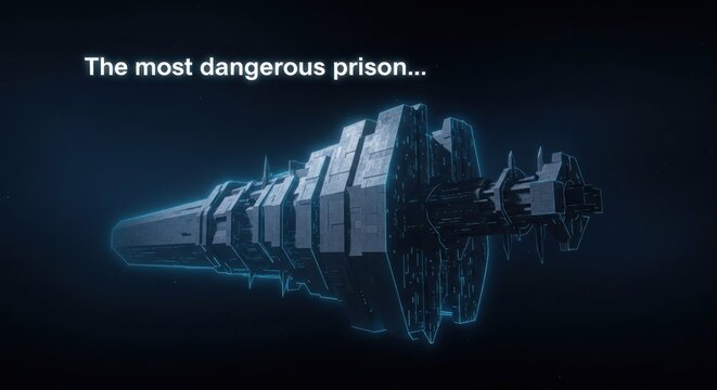 A futuristic, dark, and ominous space station, highlighted by glowing, light-blue outlines, is depicted against a deep blue backdrop.