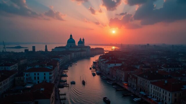 cinematic Aerial Venice cityscape landmark at sunset or night