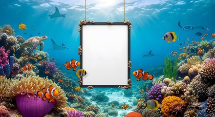 A colorful underwater scene filled with diverse coral formations and schools of tropical fish, including clownfish and butterflyfish. A blank poster frame is suspended in the center.