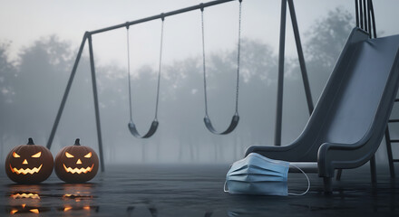 Eerie Halloween pumpkins and a forgotten mask on a foggy playground evoke modern holiday anxieties
