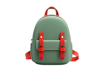 A sage green mini backpack with bright red accents.  The backpack features two shoulder straps and a small front pocket.  It has a rounded shape
