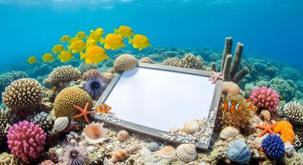 Vibrant Underwater Coral Reef Scene With Schooling Yellow Fish and Colorful Anemones Framing a Blank Message Board