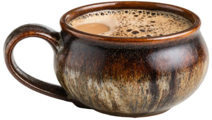 A full, rich-looking cup of coffee in a rounded, dark-brown ceramic mug
