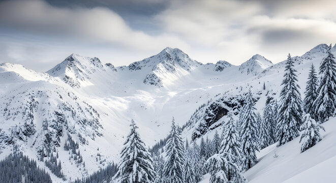 winter mountain landscape snow covered peaks forest