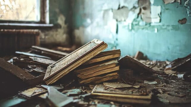 A pile of old, yellowed books in a dilapidated room with peeling paint and debris.