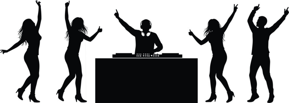 Silhouette of DJ with Dancing Crowd in Nightclub Party Scene Celebrating Music and Enjoyment in Energetic Dance Environment