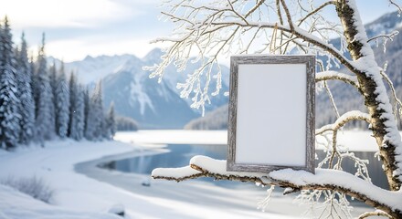 Winter Landscape With A Frosted Branch Holding An Empty Frame In The Foreground Overlooking A Serene Lake Surrounded By Snow Covered Mountains and Pine Forest