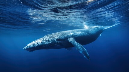 Humpback Whale Swimming in Deep Blue Ocean Underwater