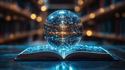 Crystal ball on open book in library.