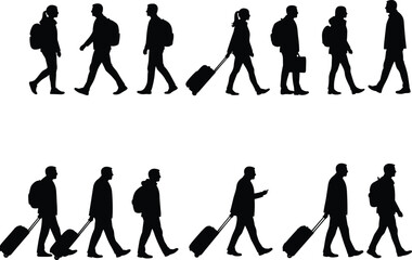 Silhouettes of people walking with backpacks and luggage, traveling, commuting, diverse group, casual clothing, side view, vector illustration