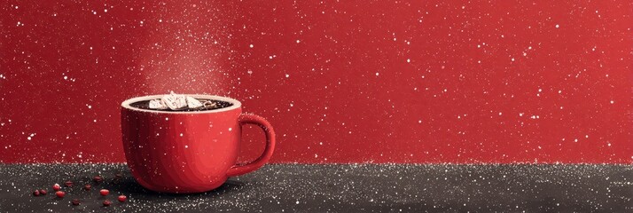 Hot chocolate in a red cup surrounded by falling snowflakes on a festive red background during winter season