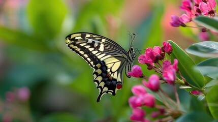 Colorful Swallowtail Butterfly on Pink Flowers