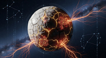 Dynamic digital energy surges through cracking planet revealing glowing circuit board core in cosmic expanse