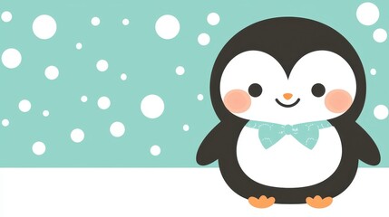Cute Cartoon Penguin Character with Bowtie on Winter Background