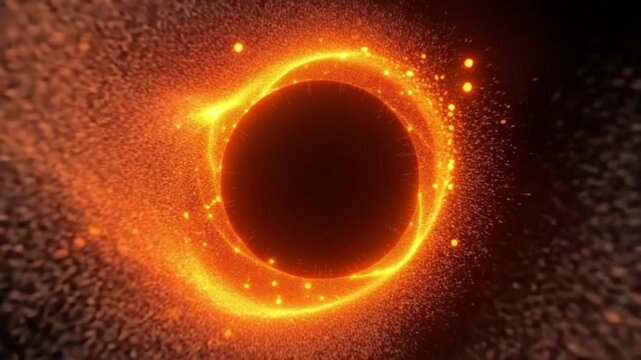 Orange particles in an abstract swirling sphere shape emitting intense light against a black background creating a fiery effect background