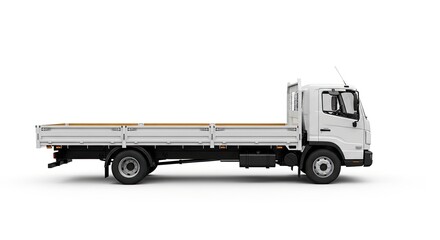 A white truck with a flatbed and a white background.