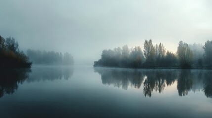 Misty Lake Reflection: Tranquil Waters and Forest Landscape in Morning Haze