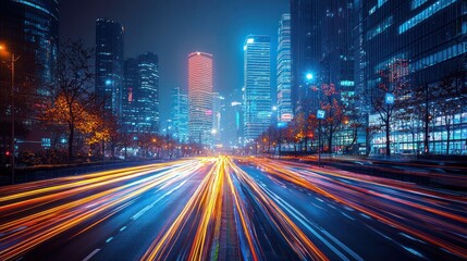 Night cityscape with light trails on highway.